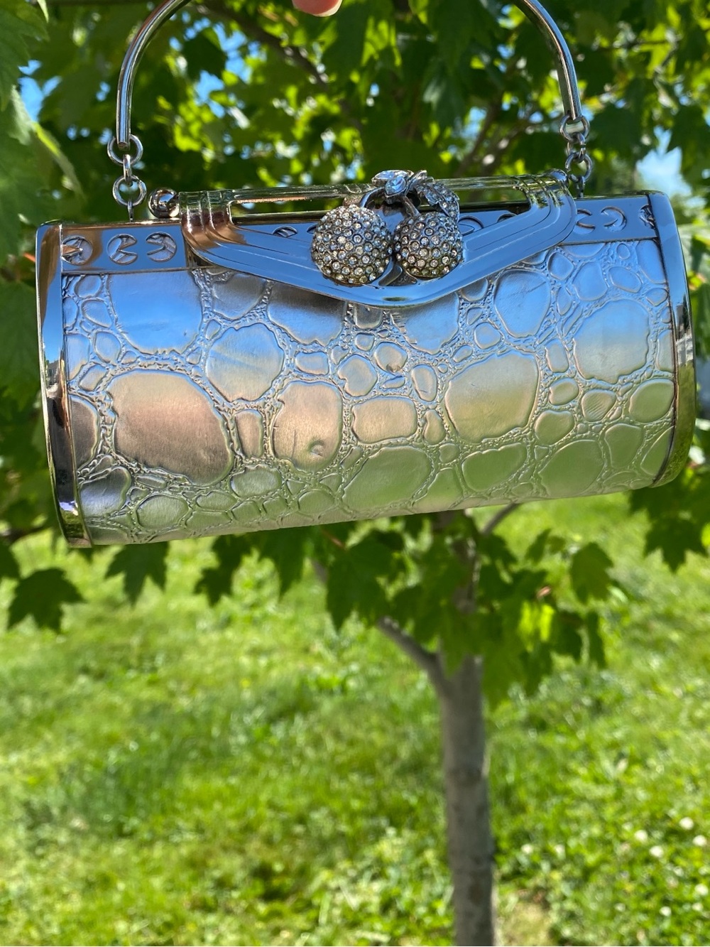 Y2K McBling Silver Metallic Cherry Rhinestone 2000s Barrel Bag Clutch Purse